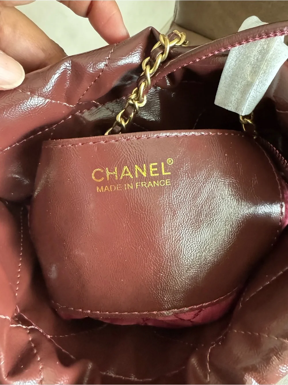 Quilted Shoulder Bag in Burgundy with Gold Hardware